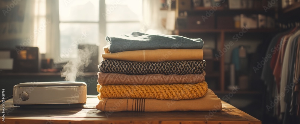 Aufkleber a stack of folded sweaters on a wooden table with a steamer in the background.