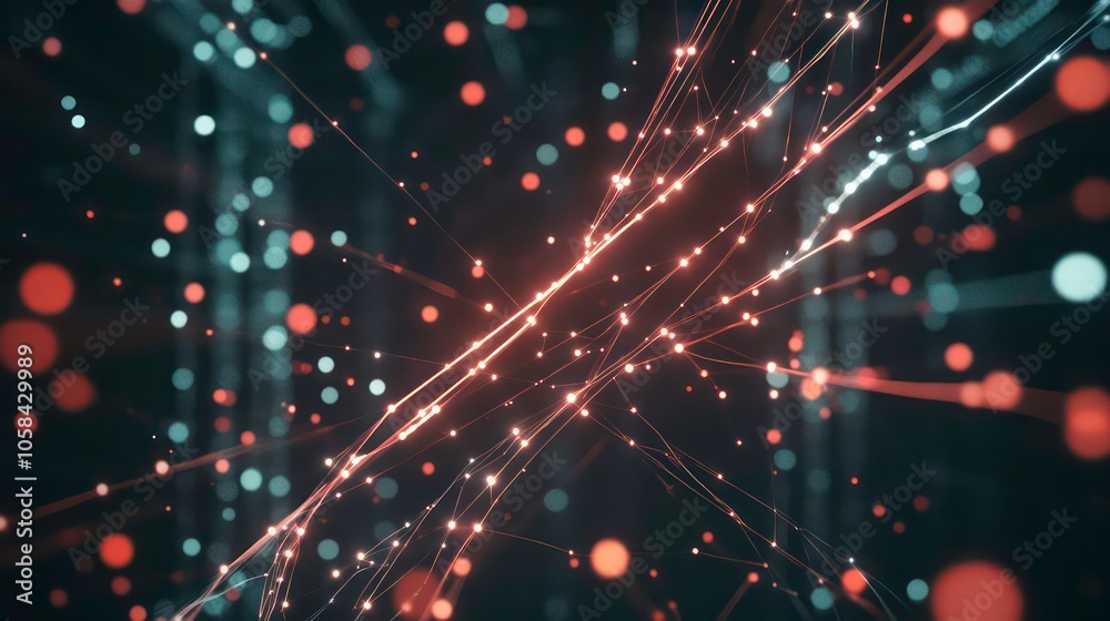 Poster Abstract visualization of interconnected lines and dots representing data flow and technology.