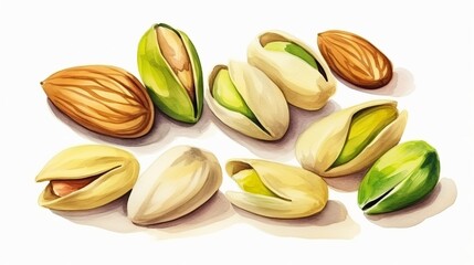 Colorful assortment of pistachios and almonds arranged on a clean surface