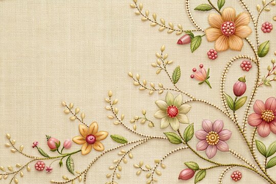 Delicate floral pattern with intricate stitching on a neutral background, fabric wall cover, geometric motifs, geometric patterns, stitch wallpaper, decorative paneling