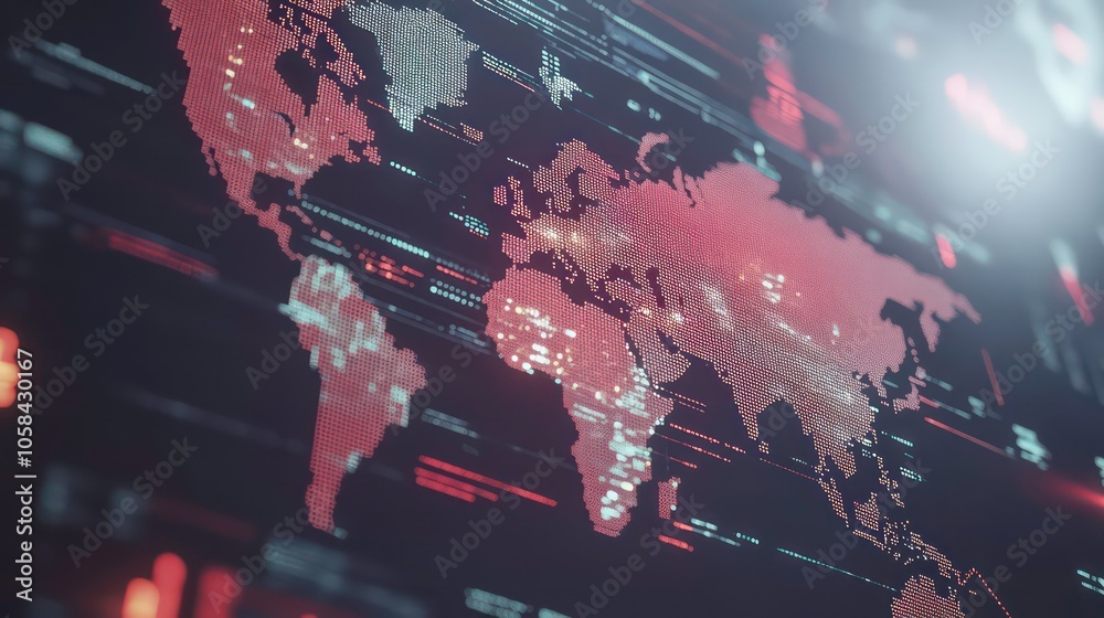 Poster Global statistics data concept with screen texture of digital interface and world map at center. 3D rendering