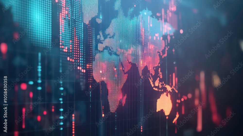 Aufkleber A digital representation of a world map with data visualizations and glowing effects.
