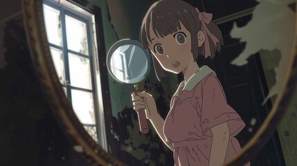 The Girl Holding a Magnifying Glass - an inquisitive and intriguing visual. The girl's expression sparks curiosity and exploration in the scene.