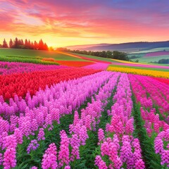 Fototapeta premium A vibrant sunrise over a field of colorful flowers.