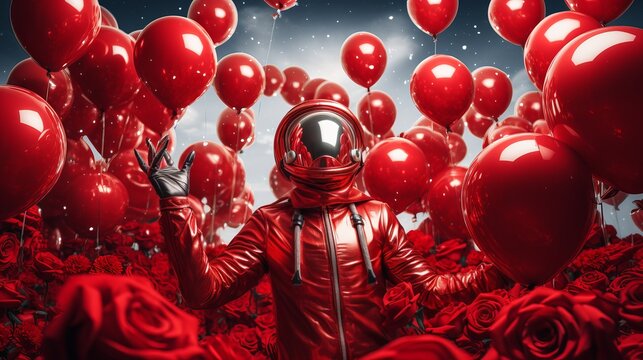 An astronaut in a red suit stands surrounded by red balloons and roses in a whimsical setting