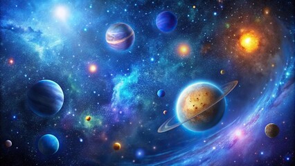Deep space scene featuring a vast array of blue and purple galaxies with golden stars and planets, galaxy clusters, starlight, distant galaxies