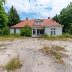 Abandoned white house with red roof, overgrown with weeds.