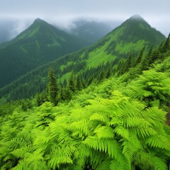 Fototapeta premium Lush green ferns cover a mountainside with misty peaks in the background.