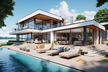 Fototapeta premium Modern lakeside villa with a pool and spacious outdoor lounge area under a clear blue sky