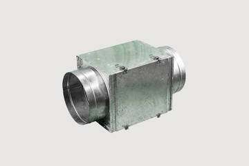 Rectangular galvanized metal ventilation box with circular duct connections, designed for industrial air distribution systems.