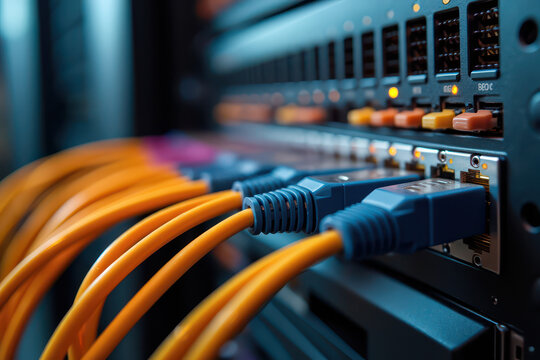 A network server rack with vibrant Ethernet cables, connectors, and a blue panel, showcasing the orderliness and complexity of modern IT infrastructure setups.