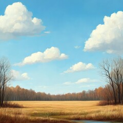 Obraz premium Tranquil autumn landscape with a field, trees, and blue sky.