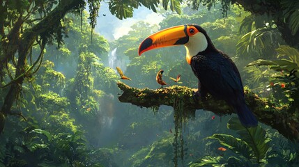 Naklejka premium Toucan in Lush Rainforest with Waterfall