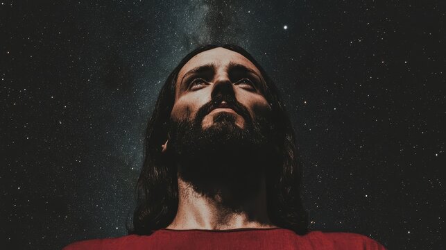 Jesus as a guide in the universe, leading and nurturing, amidst the stars and galaxies.