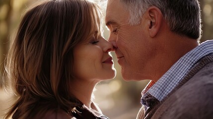 Fototapeta premium A tender moment is captured with an affectionate kiss between a couple, highlighting the love shared between a man and woman, with ample photo style copy space available.