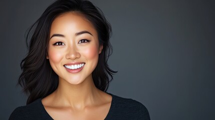 Obraz premium Portrait of a beautiful young woman with an Asian descent, smiling radiantly while looking directly at the camera, perfect for capturing her joyful expression. Photo style with ample copy space.