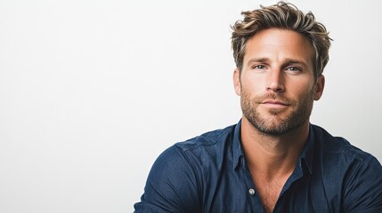 Obraz premium Portrait of a handsome man captured against a white background, exuding confidence and charm. This handsome man presents a striking image with ample copy space for creative use.