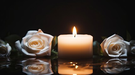 Elegant white roses surround a glowing candle on a reflective surface in a dimly lit setting