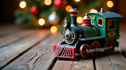 Close-up of a festive toy train against a softly lit Christmas tree, evoking holiday nostalgia
