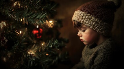 A little boy wearing a Christmas hat sits beside a Christmas tree, appearing sad as he awaits the moment to open presents, creating a heartfelt holiday scene with ample copy space.