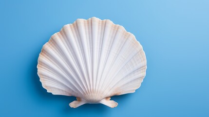 A detailed close-up of a white scallop shell resting against a blue background
