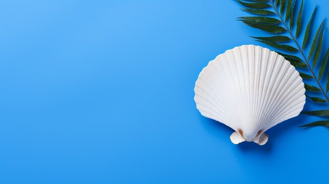 A white scallop shell resting beside green fern leaves on a blue background