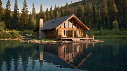 Mountain retreat cabin by lakeside surrounded by green trees