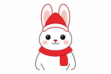 Vector Outline of A cute Bunny wearing a Santa clause hat and scarf on white background .This is an editable vector file.