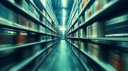 Obraz premium Abstract blurred public library interior space. Blurry room with bookshelves by defocused effect. Use for background or backdrop in business or education concepts.