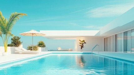 Fototapeta premium Relaxing at a Private Pool by the Beach in a Luxurious Hotel or Vacation Home, Perfect for a Calm and Rejuvenating Getaway