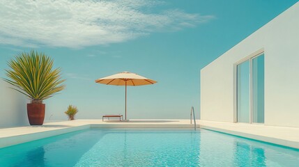Fototapeta premium Relaxing at a Private Pool by the Beach in a Luxurious Hotel or Vacation Home, Perfect for a Calm and Rejuvenating Getaway