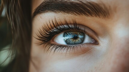 Obraz premium Close-up of a womans eye with long eyelashes, highlighting the beauty of long, curly eyelashes. The image captures the intricate details of long eyelashes, perfect for focusing attention.