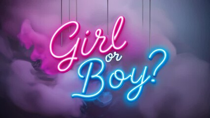 Text "boy or girl?" on smoke background on gender reveal party. AI generated