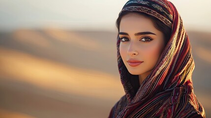 Portrait of a beautiful young Arabian woman in a traditional folklore dress set against a blurred desert background, highlighting local culture and modern fashion, with ample copy space.