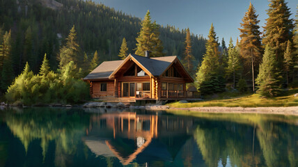 Fototapeta premium Mountain retreat cabin by lakeside surrounded by green trees