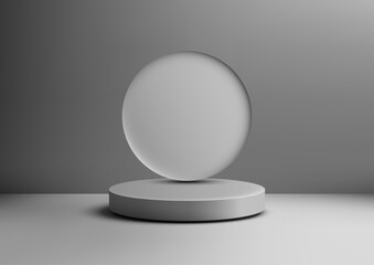 3D Gray Pedestal with Floating Circular Element, Minimalist Studio Background for Product Display, Mockup, and Showcase Concepts