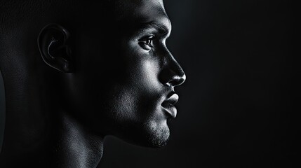 Solid black sporty male head with a slim rectangle nose, highlighted against a dark background, emphasizes the unique features of this sporty male head for creative needs. Copy space available.