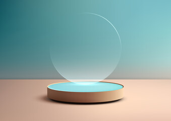 3D Brown Base Podium with Floating Circular Glass Panel on Blue Background, Modern Product Display and Showcase