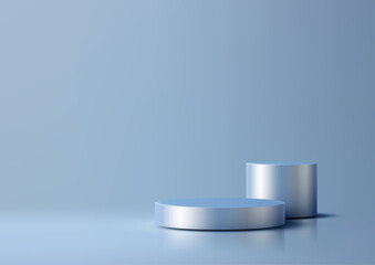 Minimal 3D Silver Cylindrical Platforms on Light Blue Background, Clean Modern Product Display for Mockup and Showcase, Sleek Design with Abstract Elegance