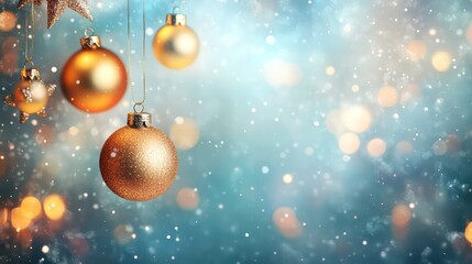Obraz premium A festive scene featuring golden ornaments and a snowy background, evoking holiday spirit.