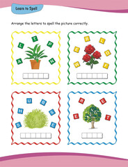 Learn to spell. Enhance spelling skills for nursery and kindergarten kids with this worksheet that includes words like 'plant,' 'flower,' 'bushes,' and 'tree.'