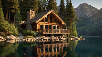 Fototapeta premium Mountain retreat cabin by lakeside surrounded by green trees