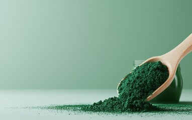 A wooden scoop pouring green powder on a light green surface, suggesting a natural ingredient, possibly spirulina or another superfood.