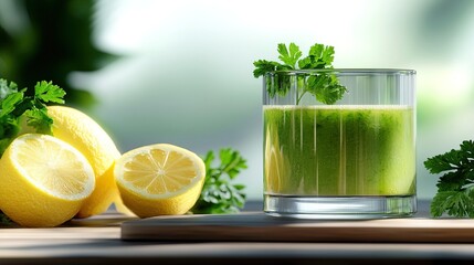 Fototapeta premium A refreshing glass of green juice is garnished with cilantro, next to fresh lemons, showcasing vibrant colors and a healthy vibe.