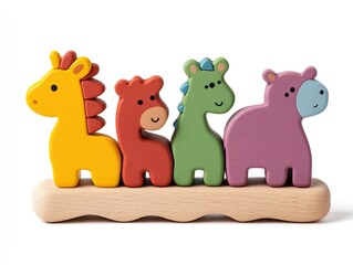 A colorful wooden toy featuring four animal figures: a giraffe, a lion, a horse, and a hippo, perfect for children's play and learning.