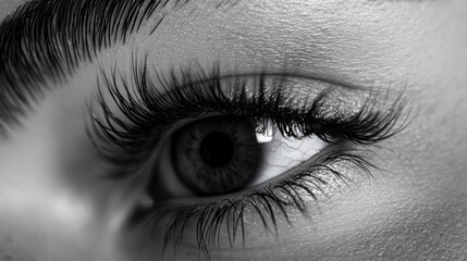 Obraz premium Close-up of a womans eye with long eyelashes, highlighting the beauty of long, curly eyelashes. The image captures the intricate details of long eyelashes, perfect for focusing attention.