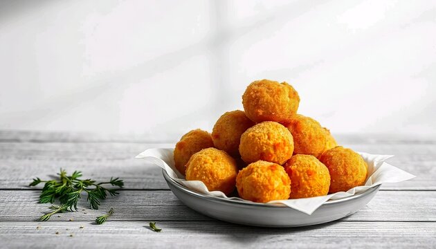 A plate of deep-fried golden brown hush puppies or fritters, with a crispy exterior and a soft, fluffy interior, white background