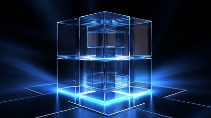 Futuristic glowing cubes in a dark space with blue light creating a digital atmosphere