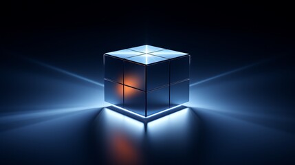 A glowing cube with illuminated edges and soft light effects in a dark environment
