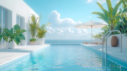 Fototapeta premium Relaxing at a Private Pool by the Beach in a Luxurious Hotel or Vacation Home, Perfect for a Calm and Rejuvenating Getaway
